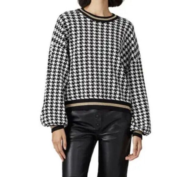 525 America Houndstooth Pullover Sweater Balloon Sleeve Size XL Black White Gold - Picture 1 of 7